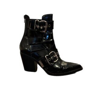 jeffrey campbell black buckle Cage pointed toe ankle boots Block Heel 8.5